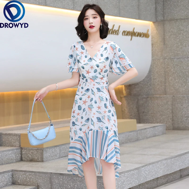 

Summer Chiffon Dress Women V-Neck Cartoons Print Dresses Sweet Ruffle Sleeeve Slim 2021 New High waist Ladies irregular Dresses