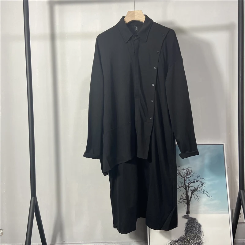 Men's Long Sleeve Shirt Spring And Autumn New Personality Asymmetric Hem Dark Casual Loose Large Size Shirt