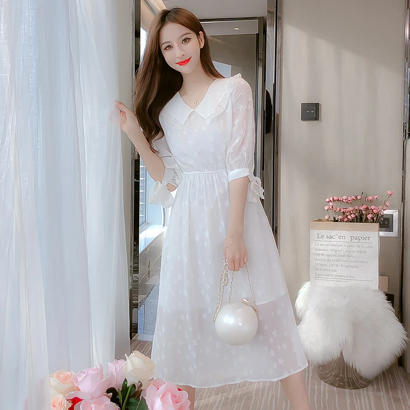 

Женский винтажный жаккардовый сарафан, однотонное пляжное шифоновое платье средней длины с белыми звездами в Корейском стиле, элегантное о...