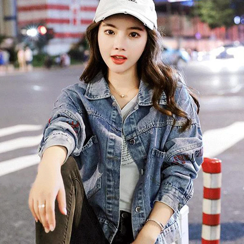 

Denim Jacket Women Loose Retro Hong Kong style Women Coat 2021 New Fashion Large size Alphabet Women's Denim Jacket JK158