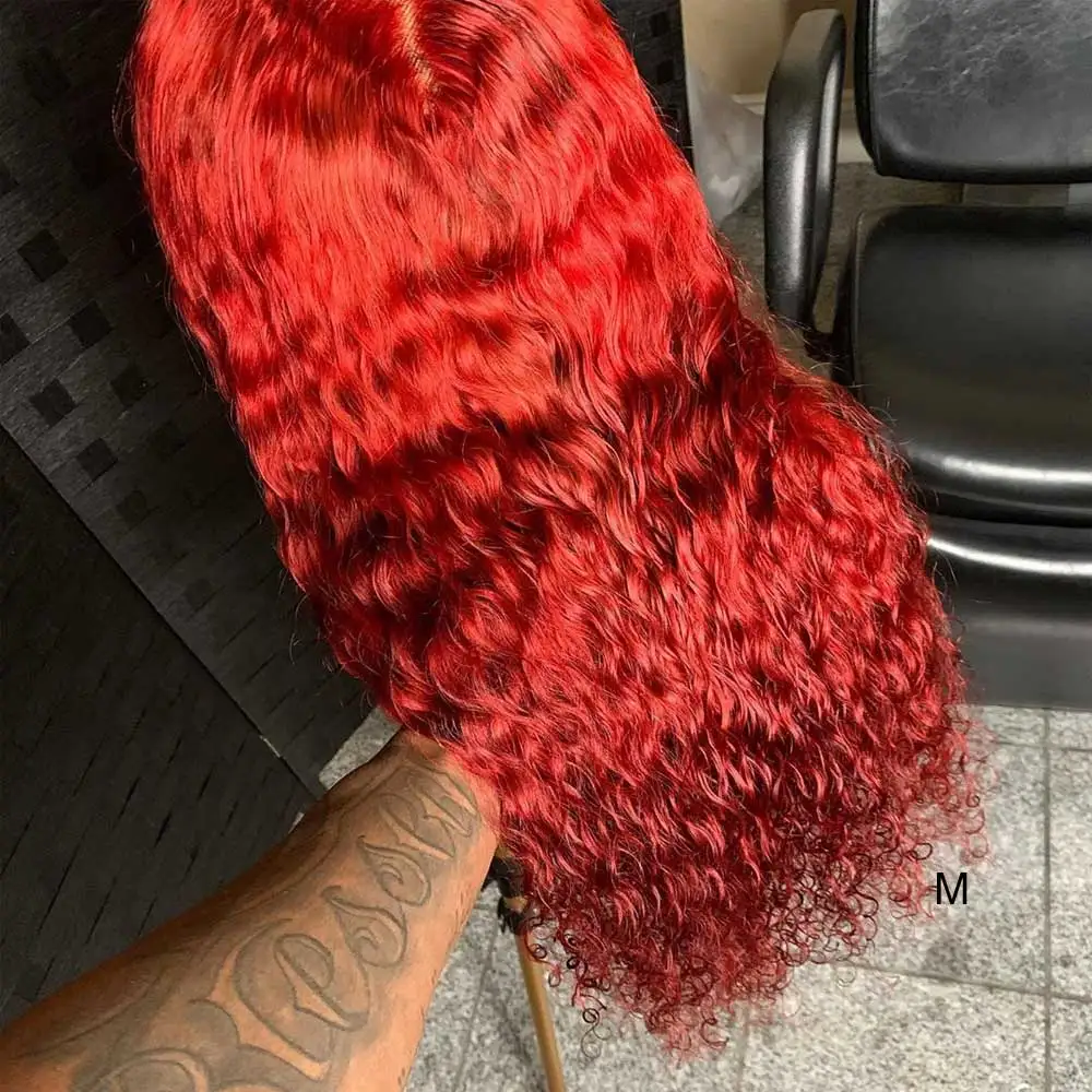 Предварительно выщипанные 13x6 человеческие волосы парик Remy Кудрявый красный цвет