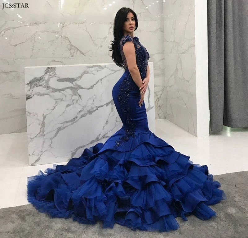 Gold Blue Mermaid Prom Dresses New Round Collar Cap sleeve 3D Appliques Satin Beaded Luxury See Custom Formal vestidos de gala