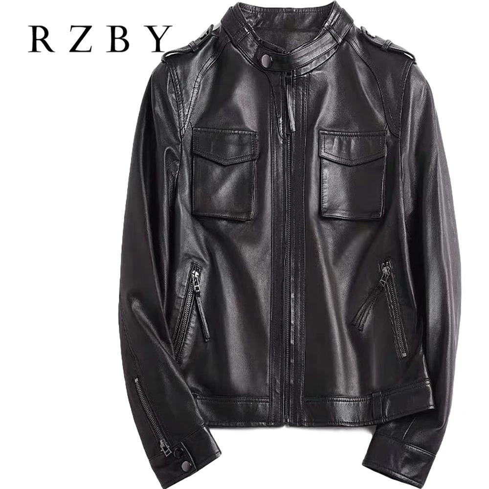 RZBY M-5xL 100% real sheepskin Haining leather jacket women's Genuine leather coat Slim locomotive women Motorcycle leather