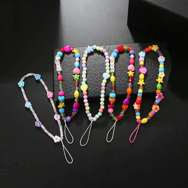 

Fashion Love Star Beaded Phone Chain Multi Color Plastic Beads Bracelet For Mobile Phone Chain Wrist Strap Rope Accessories