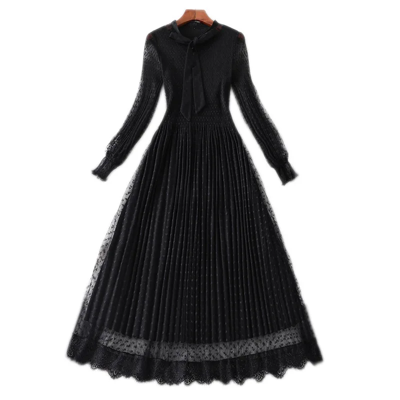 Women polka dot long sleeve black mesh dress gothic style bow collar stretch a-line elegant midi dresses 2019 autumn | Женская одежда