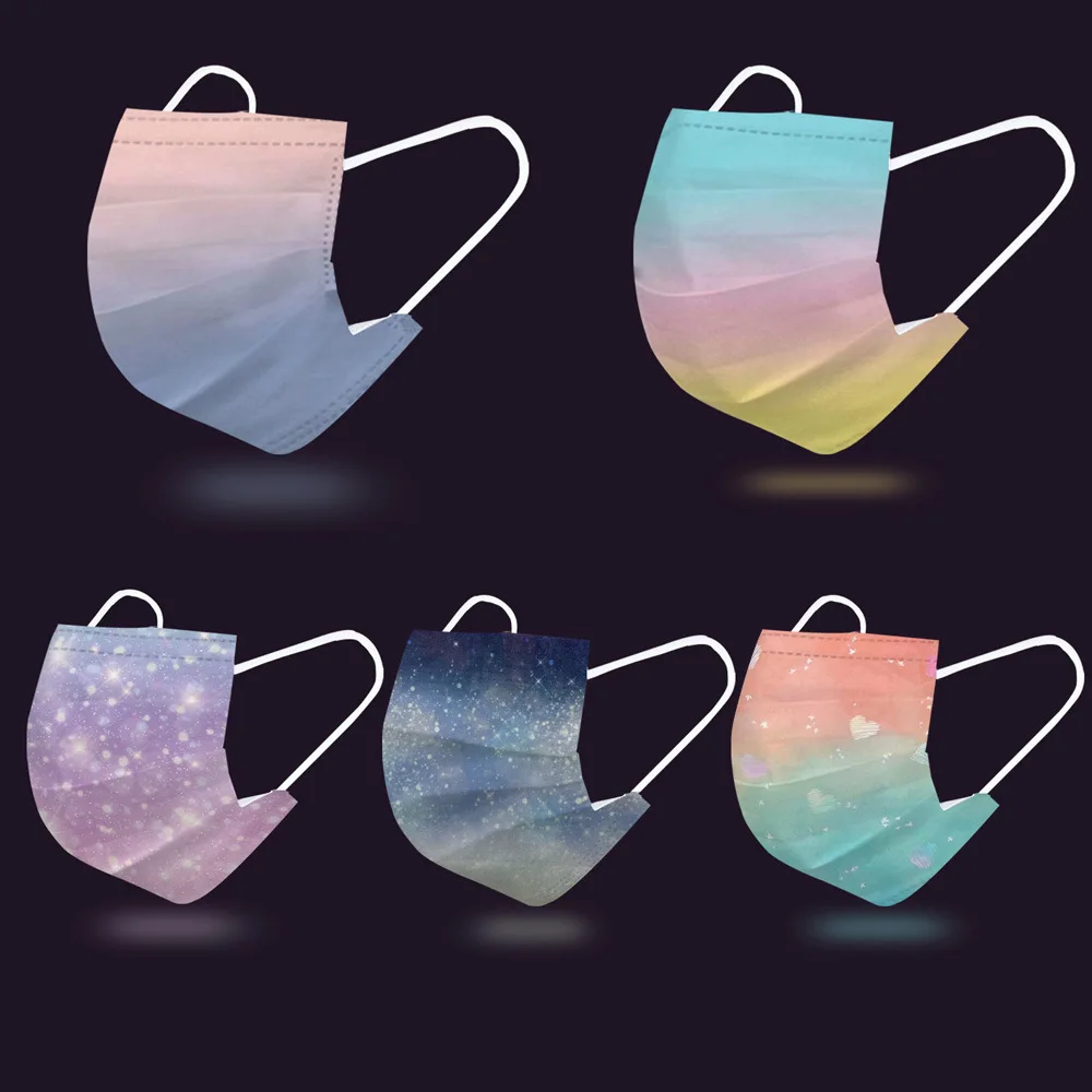 

Adult Disposable Mouth Mask Printing Face Masks Starry Sky Gradient Color 5 Mixed Colors Lndividual package Masque 3 Layer Fabri