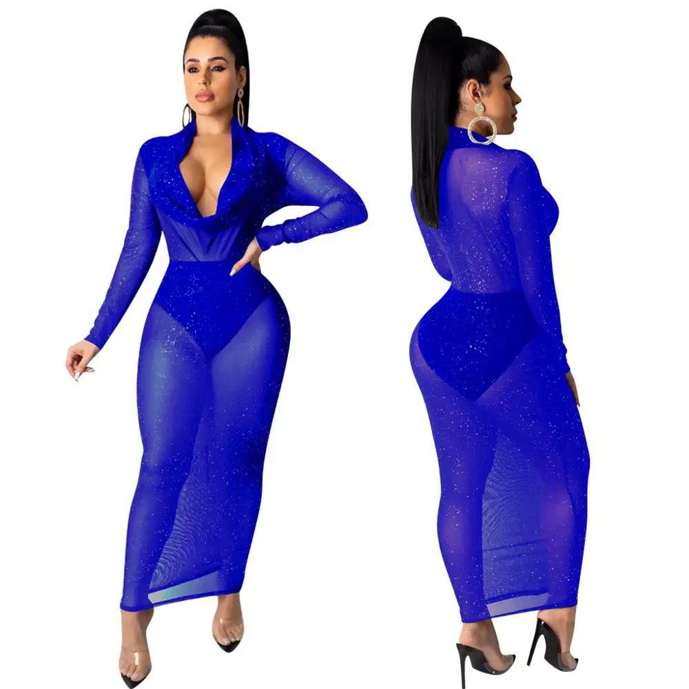 

Осень, сексуальные платья для женщин, вечерние) для ночных клубов, с блестками из прозрачной сетки Платье макси с длинным рукавом