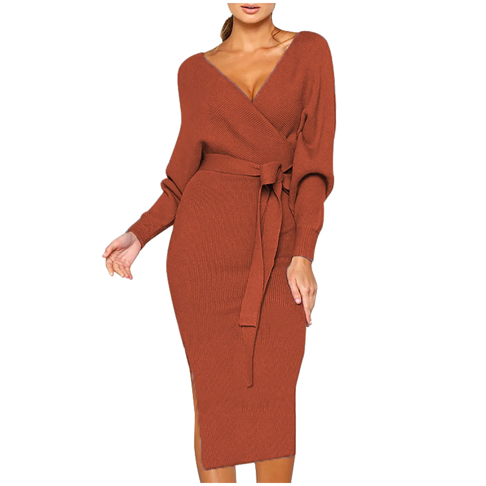 

2021 Women's Fashion Knitted Long Sleeve V-Neck Sexy Hip Wrap Warm Long Dress Casual Ethnic Holiday Style Refreshing Stmosphere
