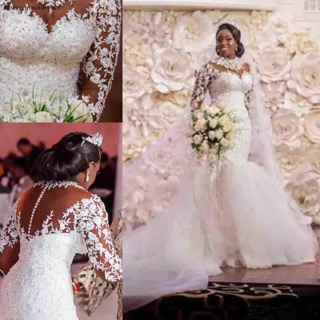 

African Girls Mermaid Wedding Dresses High Neckline Lace Tulle Women Wear Bridal Gowns Custom Made Plus Size Available