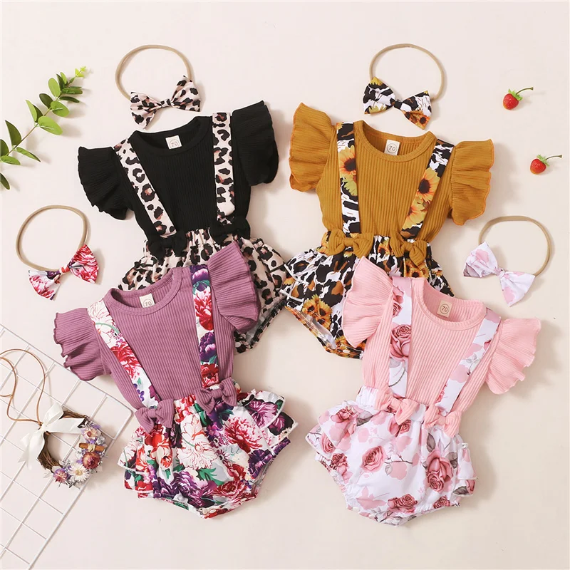 

3Pcs Toddler Gril Summer Casual Outfits,Baby Ribbed Fly Sleeve Pullover+Flower/Leopard Print Suspender Skirt+Bowknot Headband