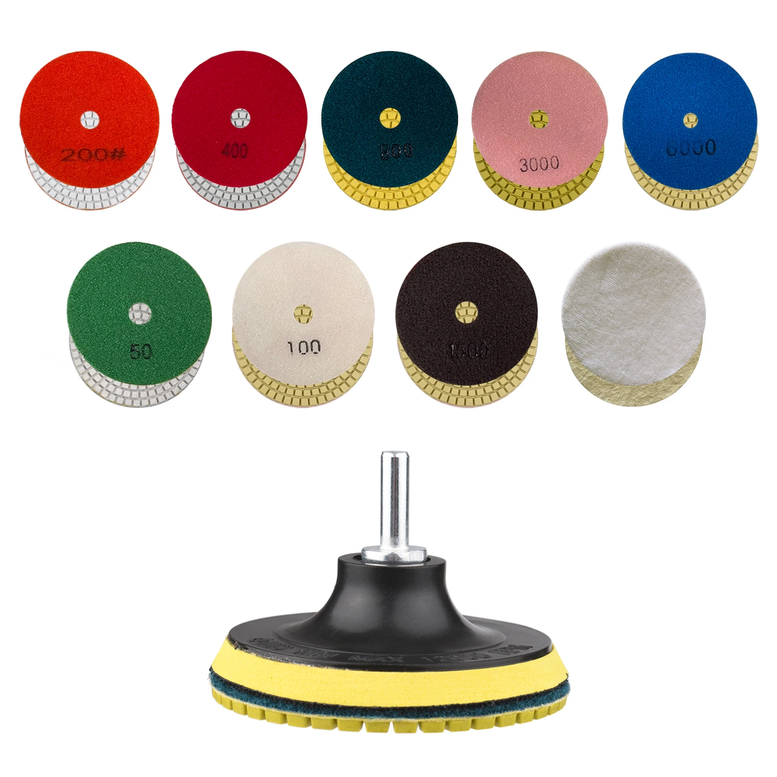 

8 шт. алмазных полировальных колодок 4 дюйма + 2 шт. шерстяных войлочных полировальных колодки + 1 шт. подложка-держатель + 1 шт. адаптер для дрел...