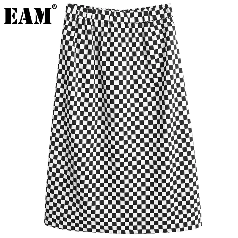 

[EAM] Женская Повседневная Длинная юбка с высокой эластичной талией в черно-белую клетку, модная новинка сезона весна-осень 2022 1DE4999