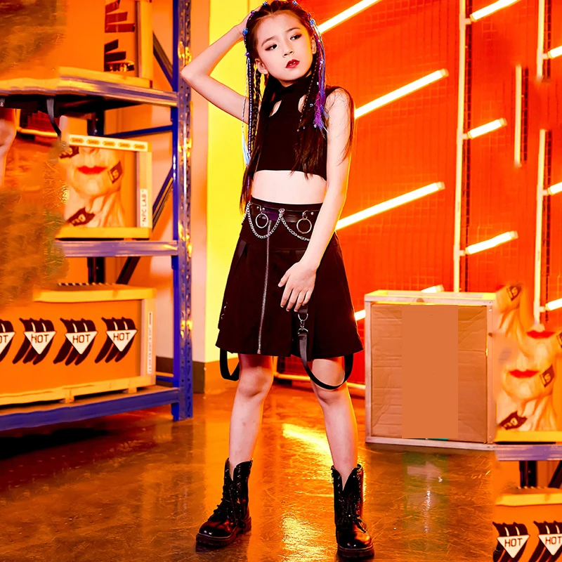 

Jazz Dance Costumes Ballroom Clothes Wear 2 Pieces Jazz Hip Hop Clothing Girls Black Sleeveless Top and Skirt for Girls XS1066