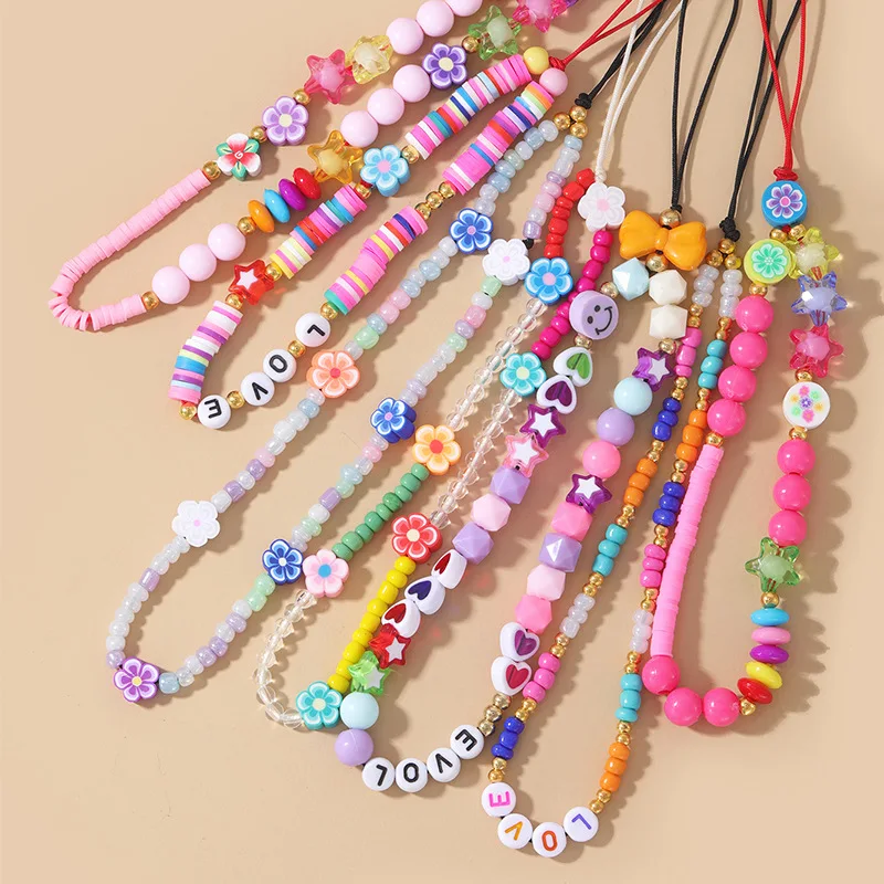 

Rainbow Mobile Phone Strap Simple Bracelet Handmade Bead Chain Phone Charm Anti-lost Lanyard Diy Hang Rope Lanyards Accessories