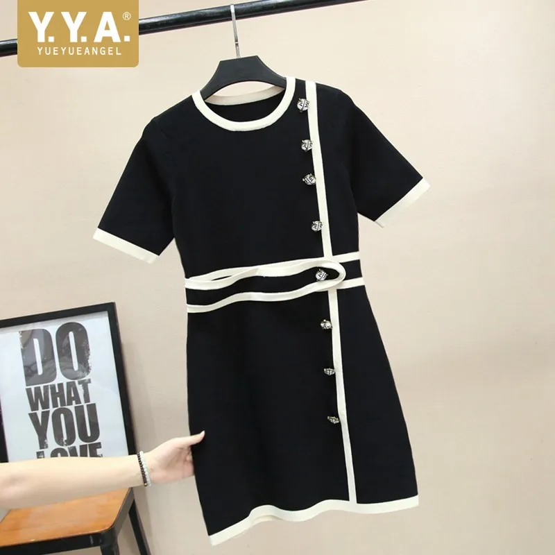 

Женское трикотажное платье трапециевидной формы, Элегантное черно-белое платье с короткими рукавами и круглым вырезом, с металлическими пу...