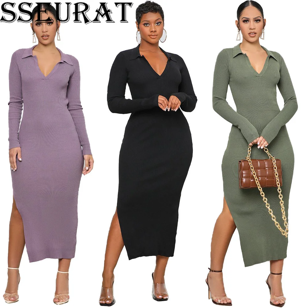

SSEURAT Women Knit Turn-down Neck Long Sleeve Maxi Dress Sexy Night Party Bodycon Autumn Winter Pencil Long Dresses