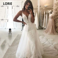 lorie boho wedding dresses mermaid lace v neck wedding gown with detachable train vintage white ivory luxury bridal dress 2021