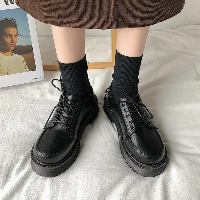 

Spring Autumn Women Oxford Shoes Flat on Platform Casual Shoes Black Lace Up Leather Shoes Sewing Round Toe zapatos mujer 8901N