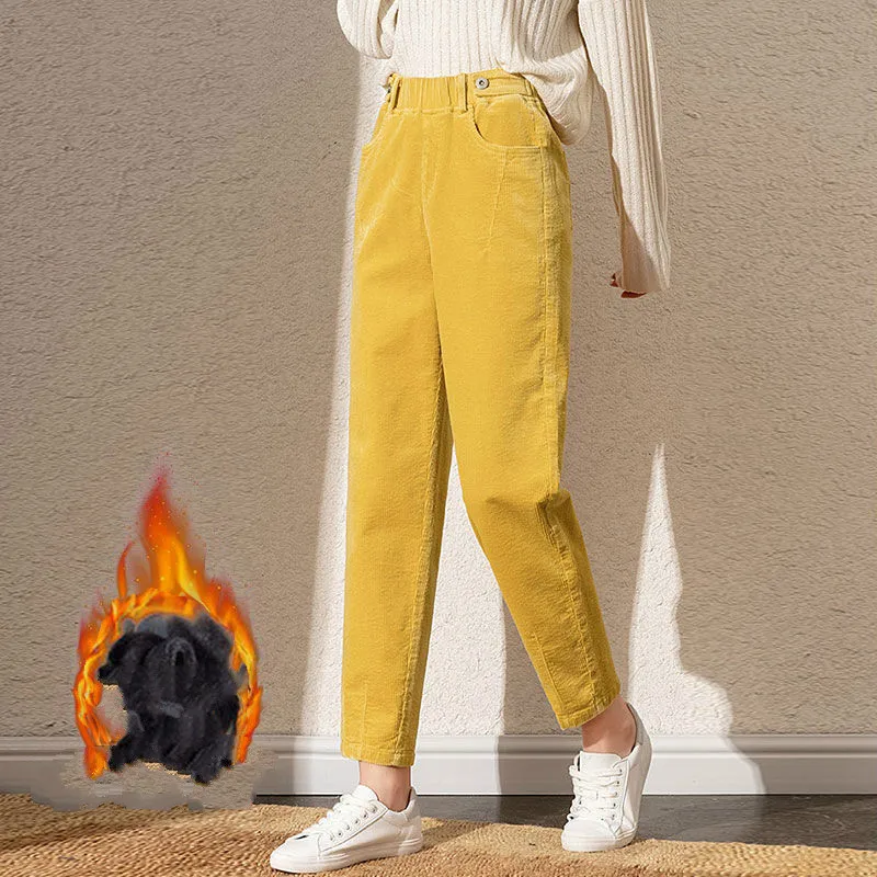 

Winter Women's Corduroy Pants Casual Thick Plush Female Long Pants Elastic High Waist Straight Leg Pants Fleece Trousers Y397
