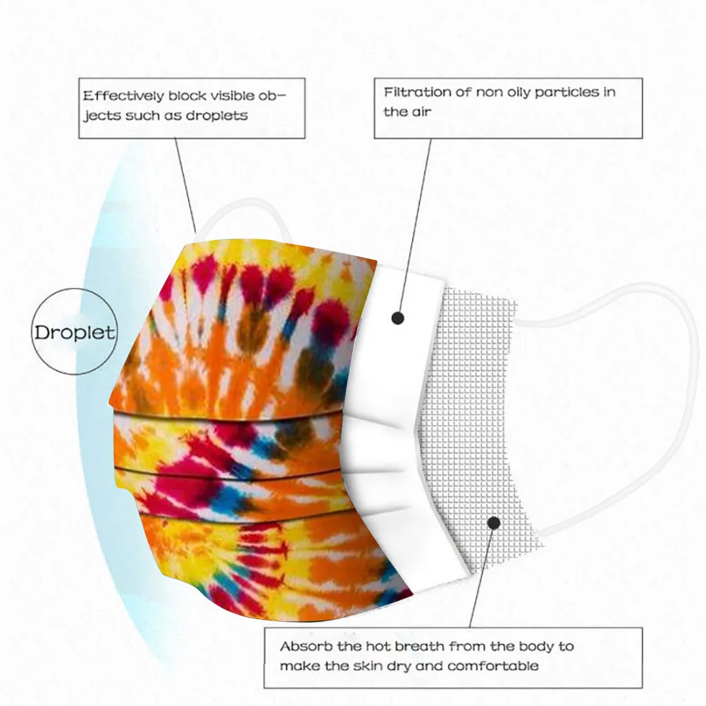

50/100PC Mouth Masks Adult Fashion Tie-dye Print Rainbow Mouth Cover Disposable Protection Three Layer Face Masks Masque