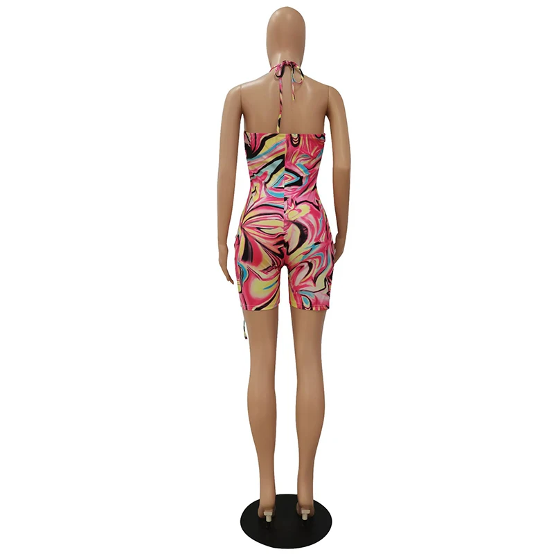 

Kricesseen Sexy Printed Tie Dye Bandage Skinny Short Jumpsuit Summer Women Halter Hollow Out Overalls Club One Pieces Rompers