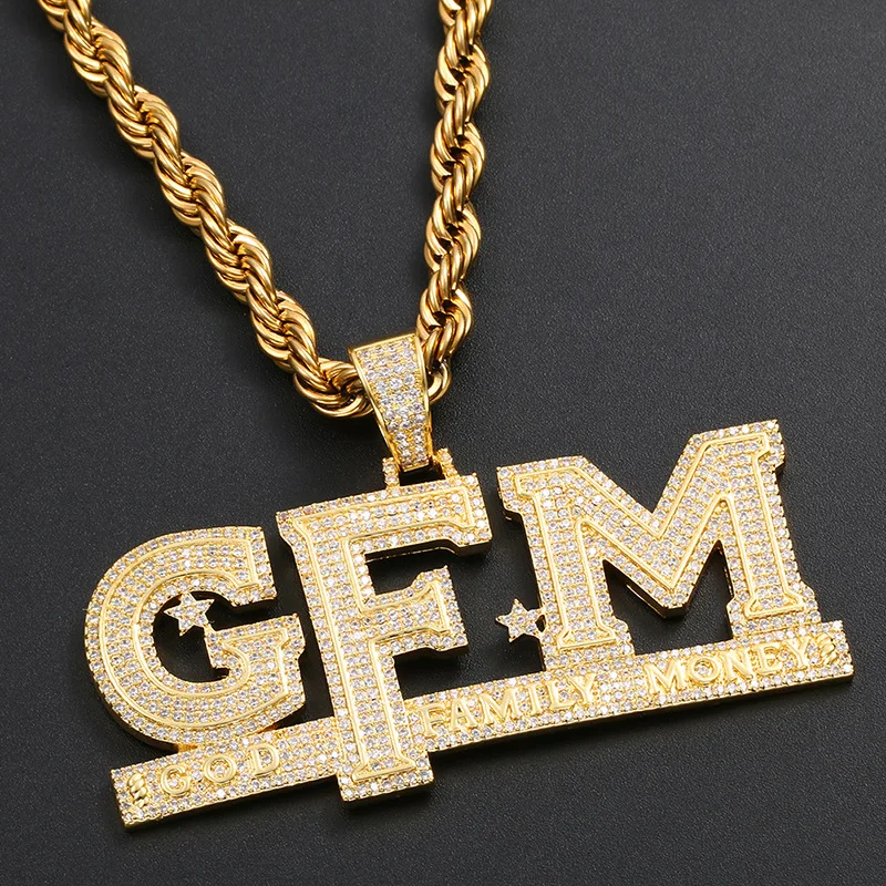 

Iced Out Letters Pendant Necklace New Arrival God FAMILY MONEY AAA Iced Out Cubic Zircon Men's Charms Necklace Hip Hop Jewelry