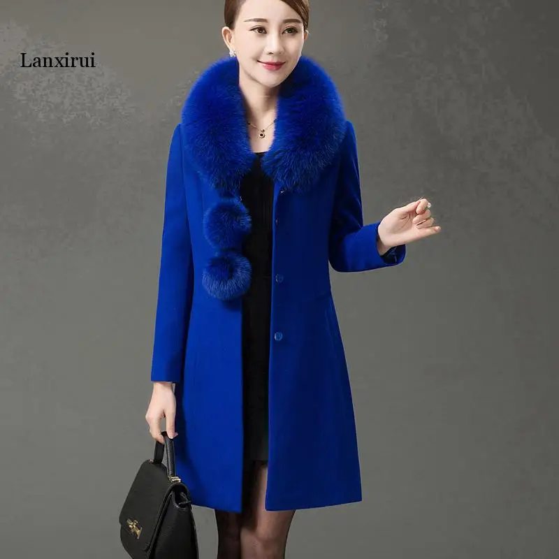 

Autumn winter women new fashion large fur collar long single-breasted woolen cashmere coat lady large size laced wool coat
