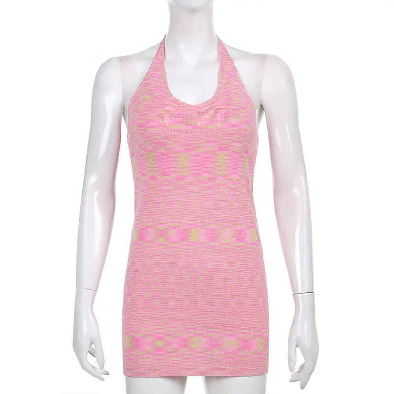 

ALLNeon 2000s Vintage Backless Knitted Halter Dresses Summer Y2K Aesthetics Bodycon Ribbed Sleeveless Mini Dress Women 2021 Slim
