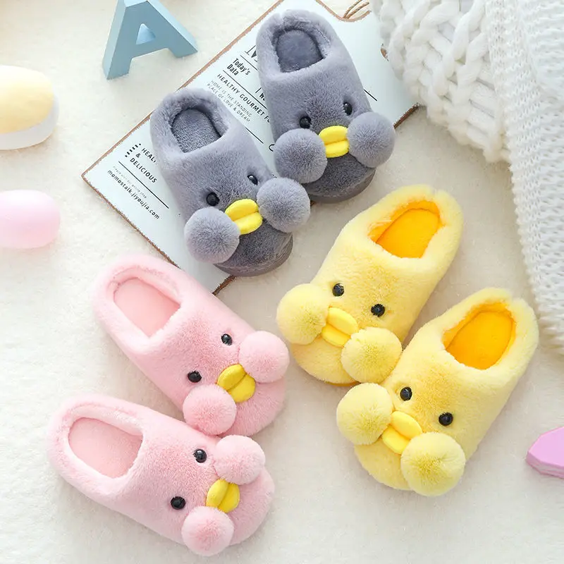 

Детские хлопковые тапочки Little Duck, зимние Нескользящие домашние теплые детские меховые тапочки для дома, пушистые тапочки для детей