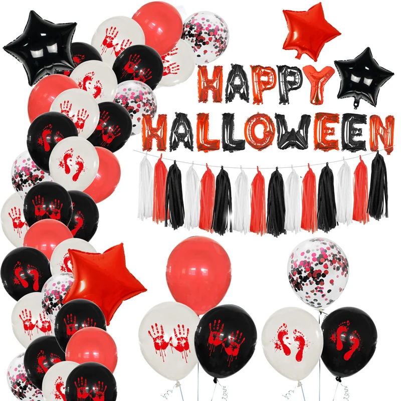 

1 Set Black Blood Fingerprint Footprints Balloons Tassels Set DIY Confetti Latex Foil Ballons Happy Halloween Party Bar Decor