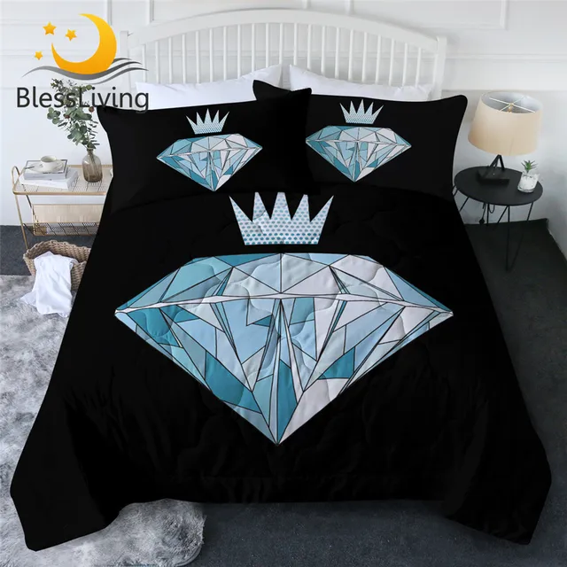 BlessLiving Diamond Summer Quilt Set Crown Comforter Geometric Bed Cover Set Black Blue Housse De Couette 3PCS Modern Bedspreads 1