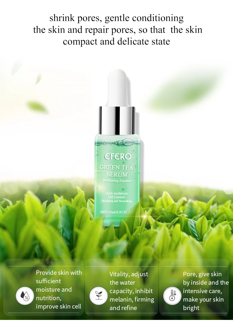 EFERO, эфирное масло зеленого чая, отбеливающая Сыворотка для лица, лечение акне, сужающая поры, эфирные масла, крем для лица, увлажняющий, 15 мл