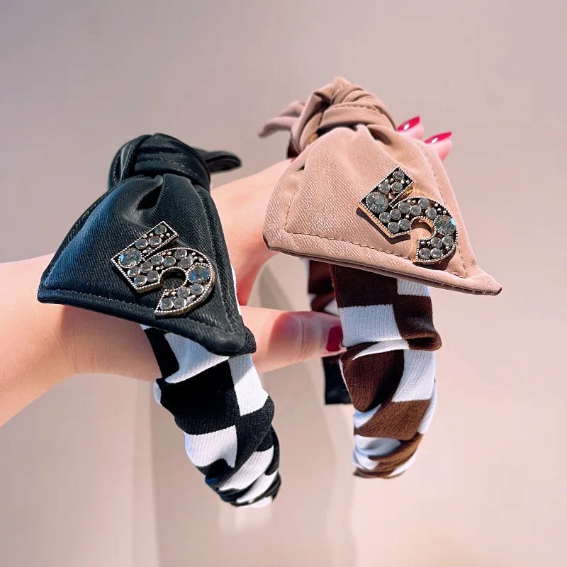 

Новинка 2021, корейские шахматные повязки для волос с большим бантом, повязки на голову для девушек с цифрами 5, заколки для волос