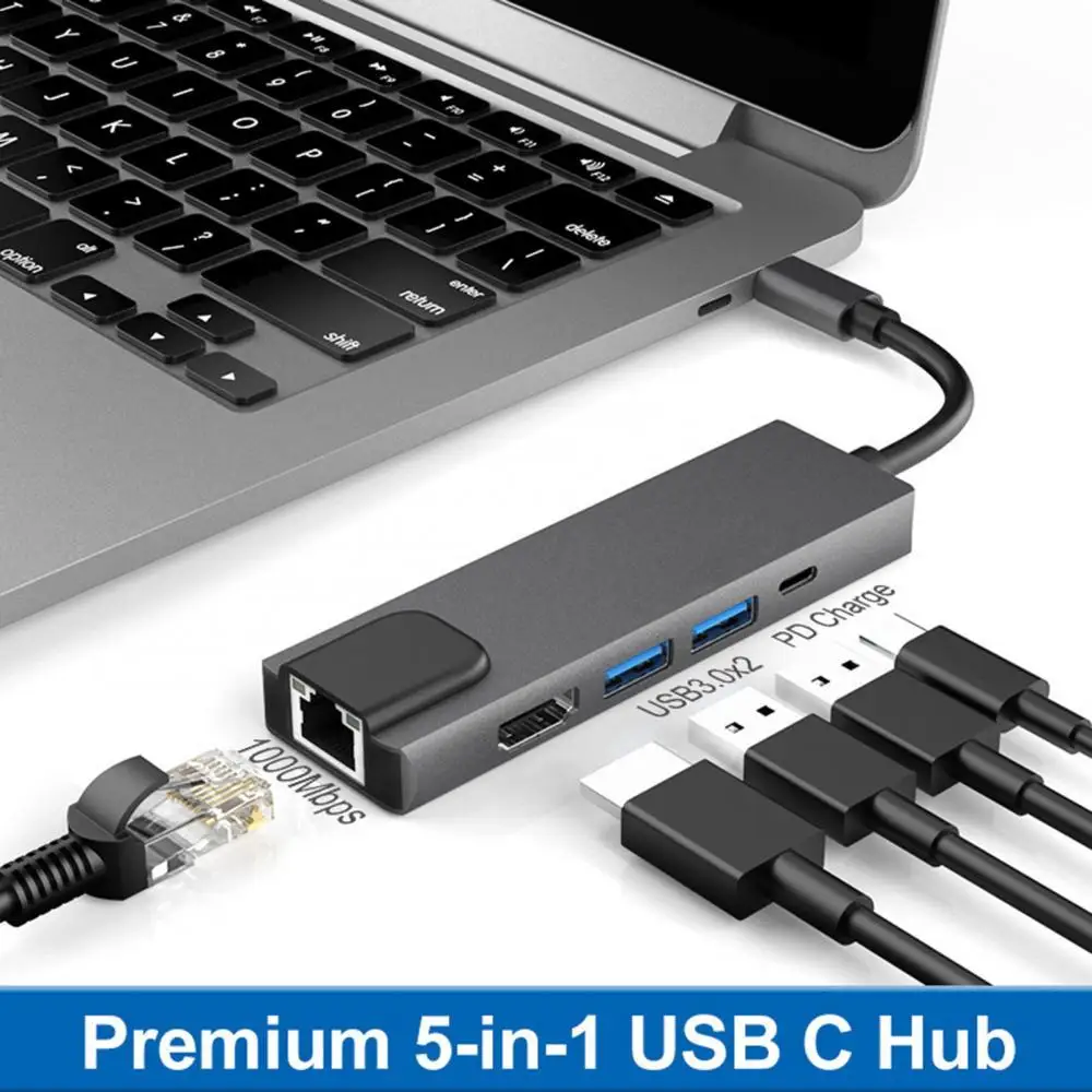 

Портативный 5-в-1 Gigabit Ethernet Lan RJ45 Тип-C USB концентратор до 4K USB 3,0 PD USB-C док-станции