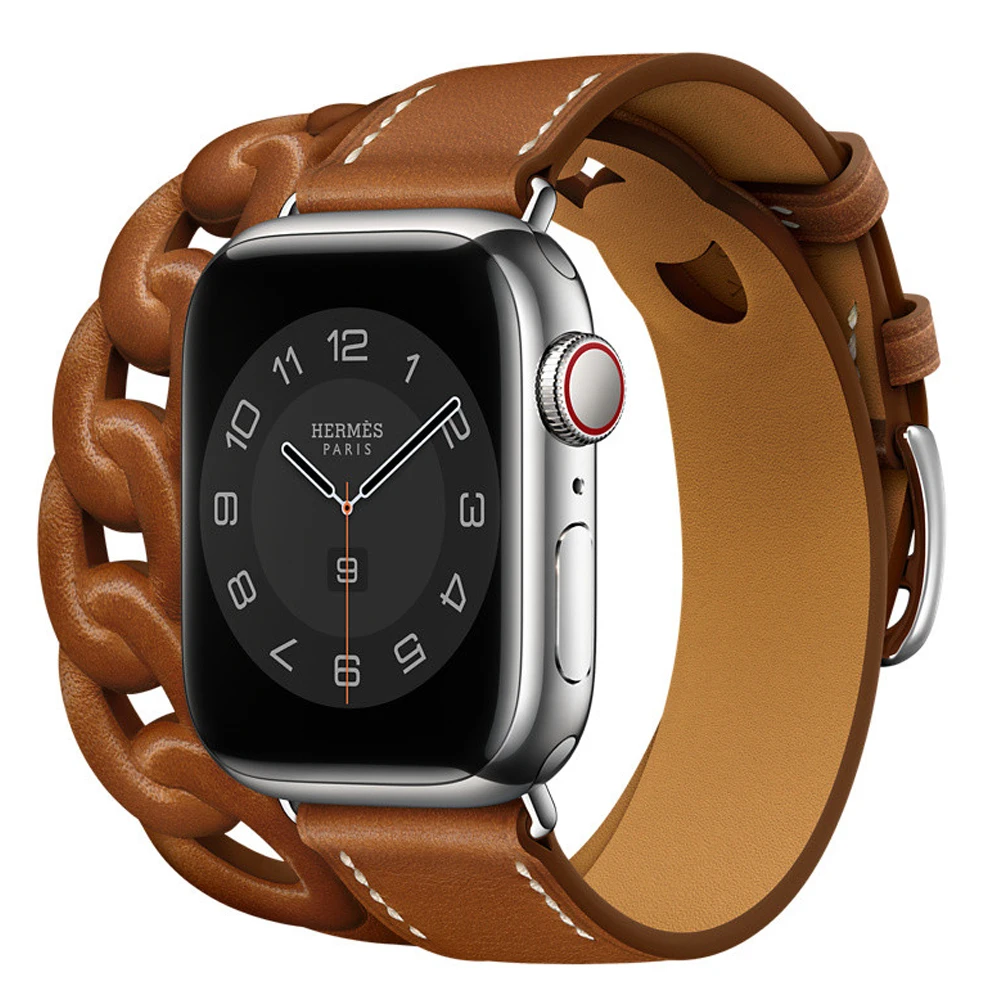 

For Apple Watch Bands 41/45mm 40/44mm 38/42mm Fauve Brown Barénia Leather Gourmette Double Tour Strap 1:1 For iWatch 7 6 5 4 3SE
