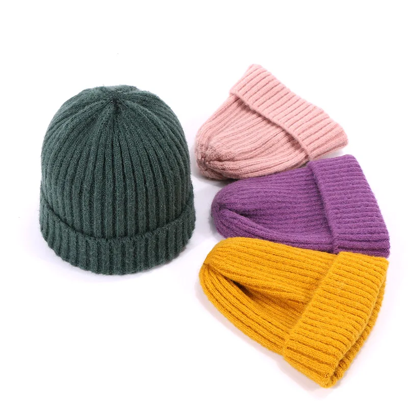 Kids Winter Solid Color Wool Knit Beanie Children Fashion Casual Hat Warm Boy Girl Soft Thicken Hedging Cap Slouchy Bonnet Ski