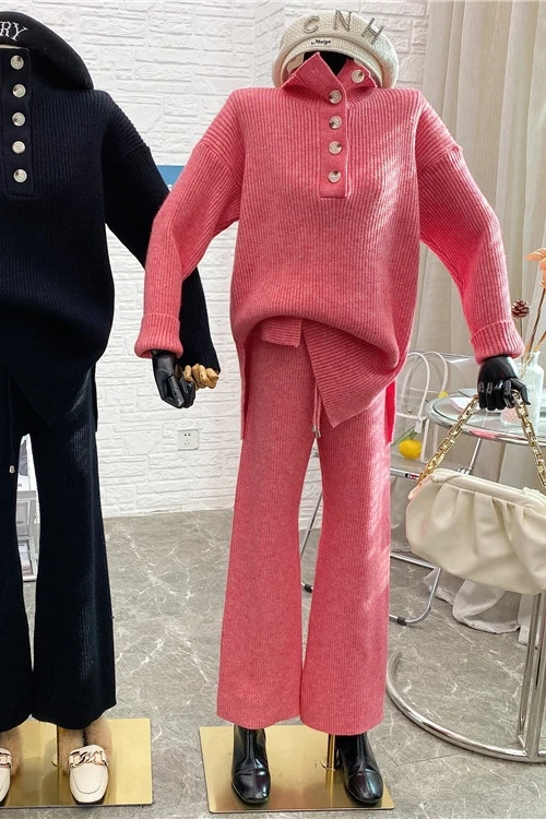 

Spring 2021 Loose Zipper Long Sleeve Turtleneck Sweater+casual High Waist Straight Wide-leg Pants Knit Two Piece Set