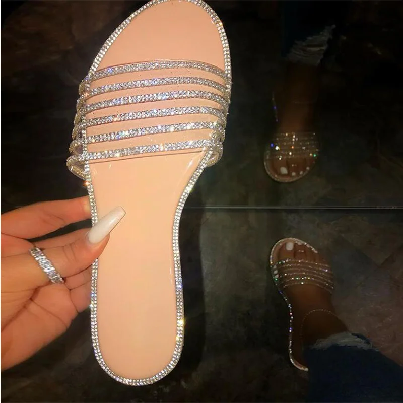 Летние женские шлепанцы со стразами женская Прозрачная мягкая прозрачная обувь