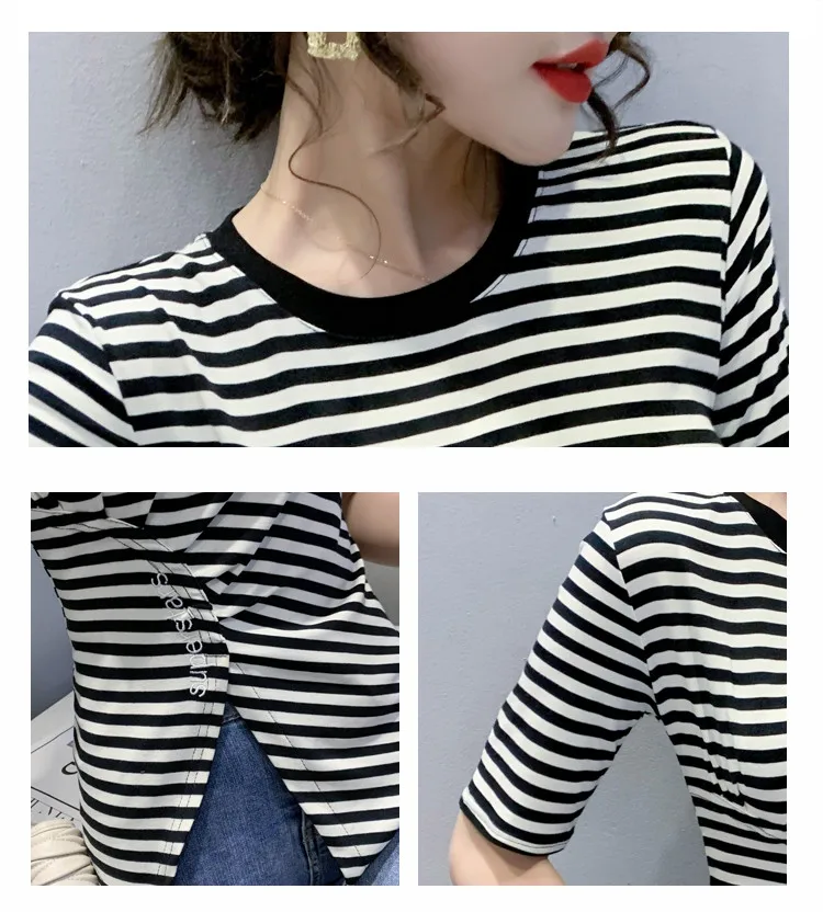 

Summer Korean Clothes Cotton T-Shirt Girl Fashion Sexy O-Neck Irregularity Embroidery Letter Split Women Tops Tees 2021 T14216A