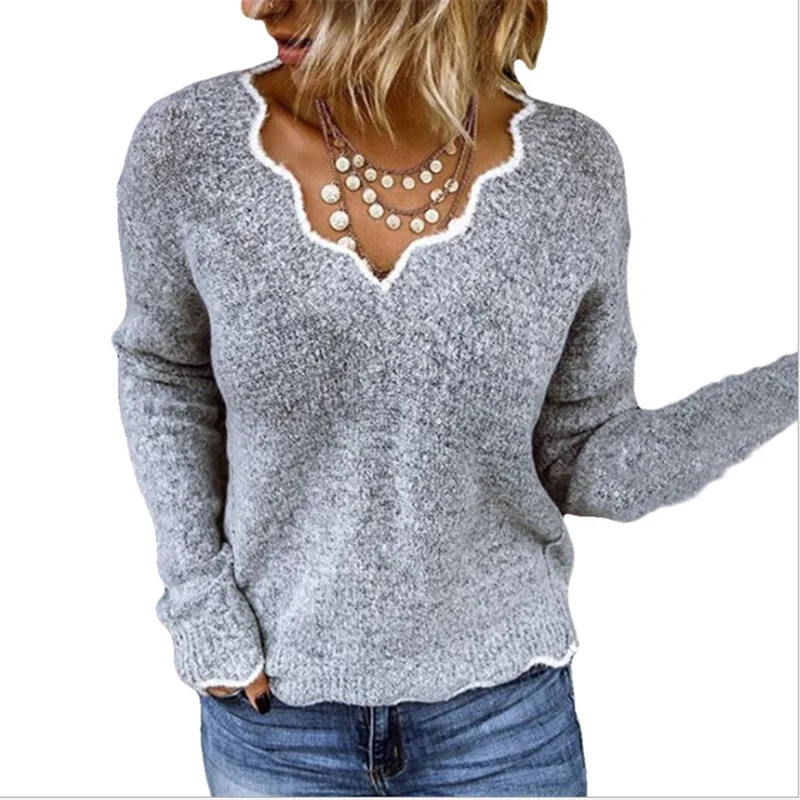 

Hot Women Knitted Sweaters Wave V Neck Pullover Tops Lady Solid Casual Jumper Autumn Winter Female Long Sleeve sweater woman