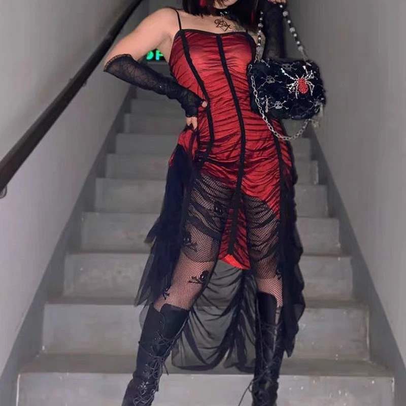 

Lady Strap Backless Red Black Sexy Strap Hipster Cool Long Dresses Dark Gothic Mesh Spliced Women Pleated Dress 2021 Summer