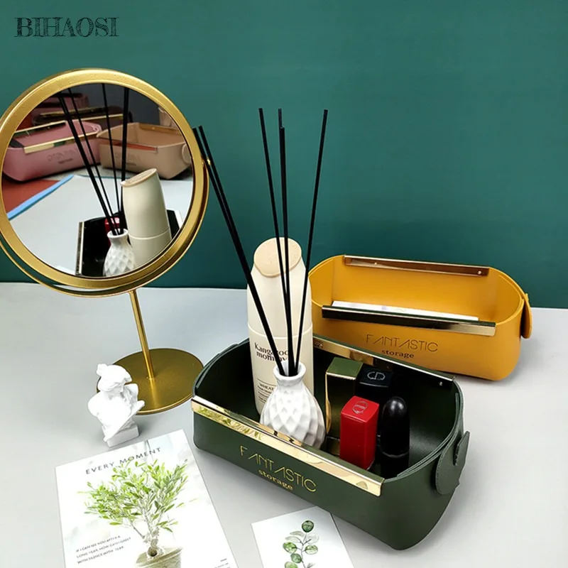 

PU leather metal decorative storage box household folding cosmetic lipstick storage basket with handle sundry key storage tray