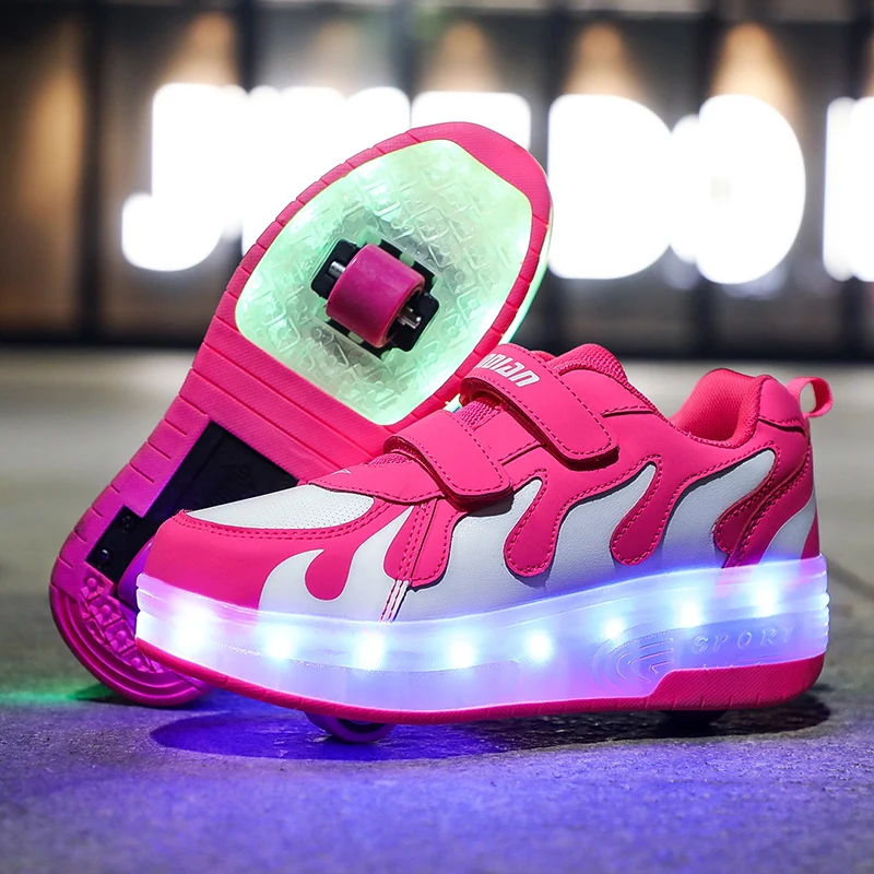 

Children Pink Two Wheels Luminous Glowing Sneakers Grey Pink Led Light Roller Skate Shoes Kids Led Shoes Boys Girls USB Charging