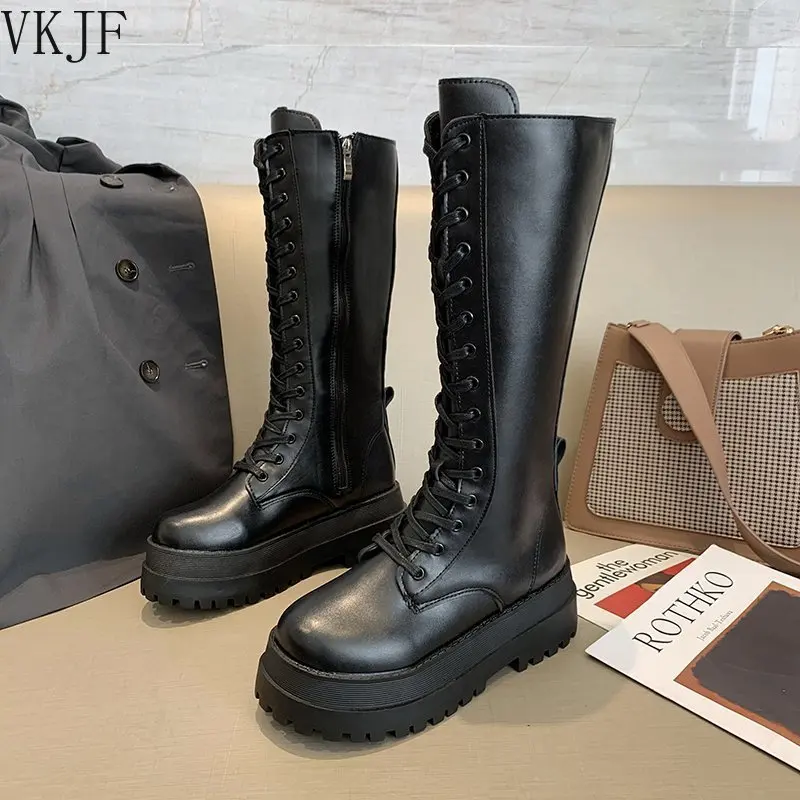 

Женские армейские сапоги Antumn 2021, женская готическая обувь на высокой платформе, черные кожаные сапоги, женские сапоги до колена на шнуровке