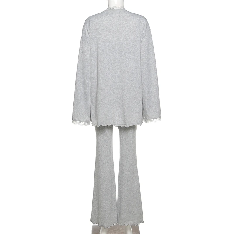 

women's pants suit Long Sleeve Lace Trim Cardigan Jacket Small Vest High Waist Slim Fit Flared Pants Three-piece Set Navel-wrapp