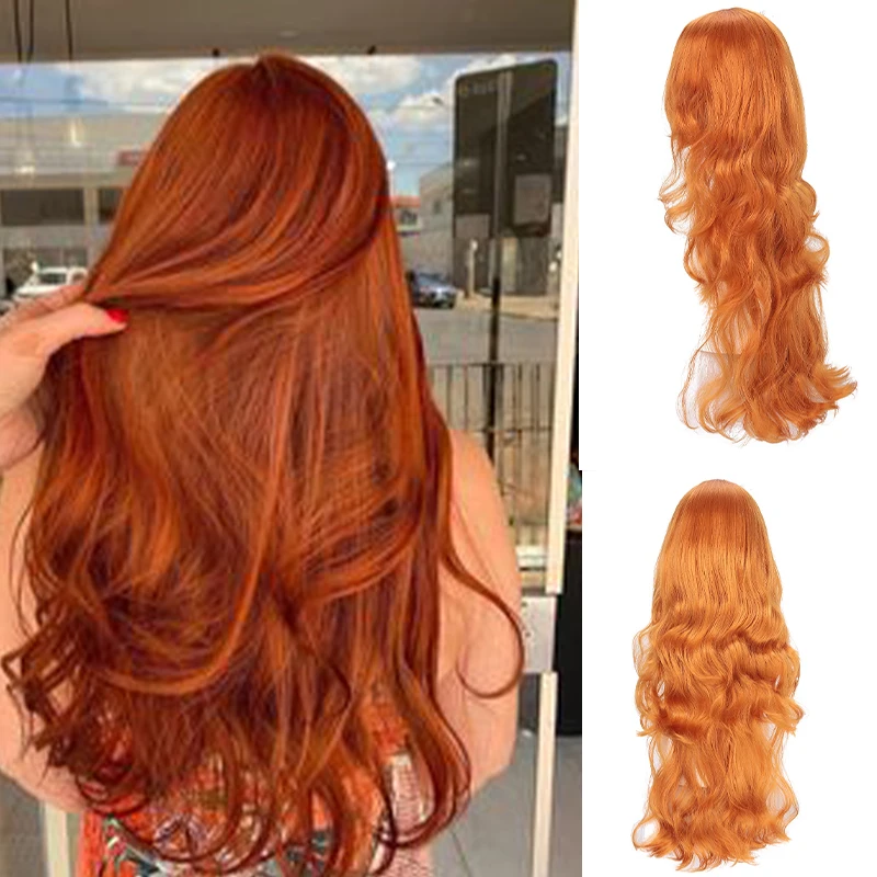 

Long wavy synthetic wig female natural part party hair heat-resistant side wig orange pink green wig
