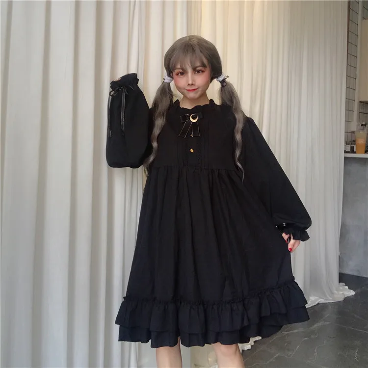 Harajuku готическое Черное женское платье лолиты с кнопки в форме звезд осеннее японское кружевное платье с длинными рукавами и оборками для девочек-подростков