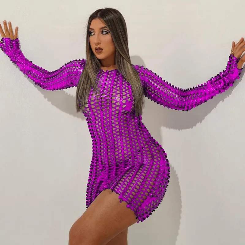 

Sexy Women's Hollow Out Party Dress Solid Color Casual Long Sleeve Bodycon Short Dress Hole Perspective Pencil Dresses Clubwear