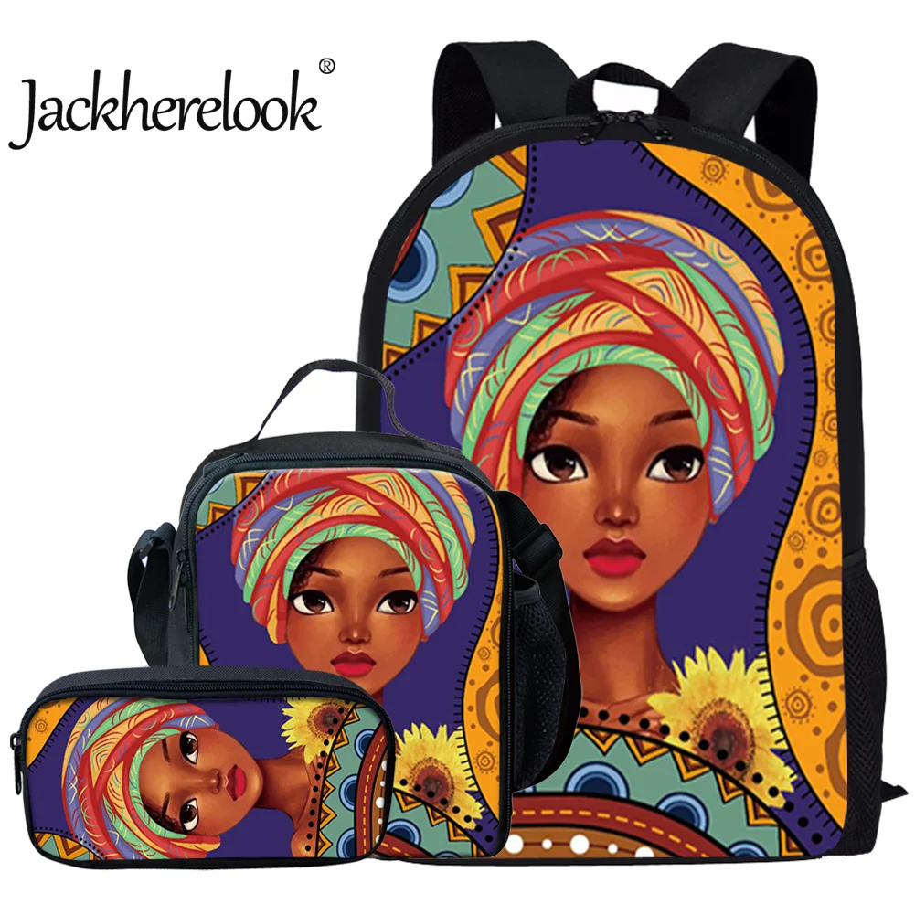 

Jackherelook School Bags Set 3Pcs Primary Student Book Backpack Beautiful African Girl Brand Design Large Canvas Kids Schoolbag
