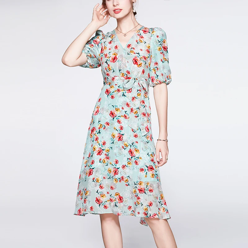 

100% Silk Women's Dresses V Neck Short Sleeves Printed Sash Belt Fashion Summer Dress Vestidos